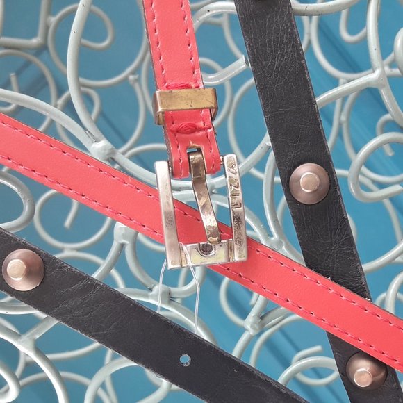 2 Belts Genuine Leather Thin Studded with Spikes Metal Studs Grommets Rivet BOGO - Picture 2 of 16